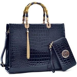 ‘Dasein’ Patent Croco Large Tote W/ Matching Wallet (Navy)